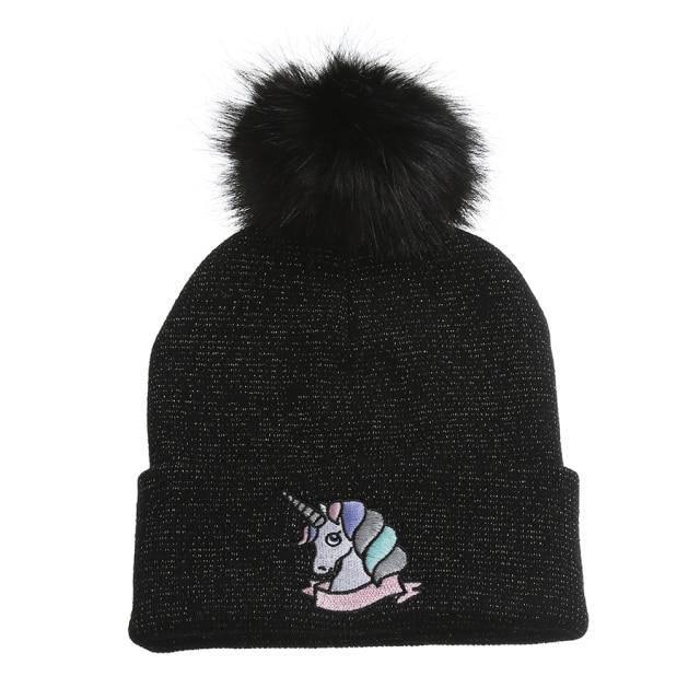 Bonnet Licorne Broderie Avec Pompons Fourrure Noir - Une Licorne