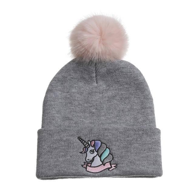 Bonnet Licorne Broderie Avec Pompons Fourrure Gris - Une Licorne