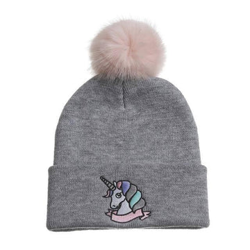 Bonnet Licorne Broderie Avec Pompon Fourrure