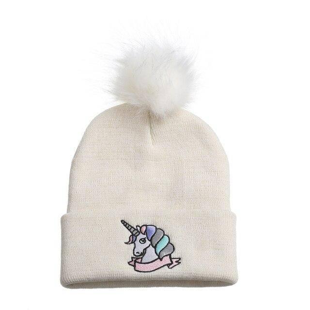 Bonnet Licorne Broderie Avec Pompons Fourrure Blanc - Une Licorne