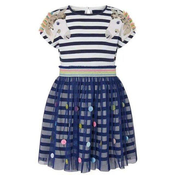 Robe Licorne A Rayures Bleu et Blanc Fille - Licorne